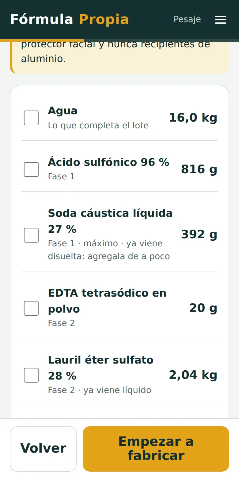 Pantalla de pesaje del lote
