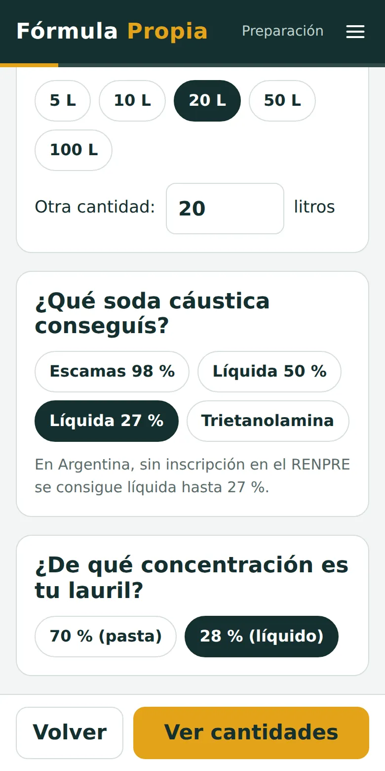 Elegís litros y materias primas